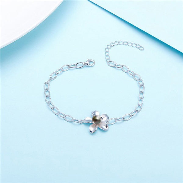 Sterling Silver Pearl Plumeria Bracelet