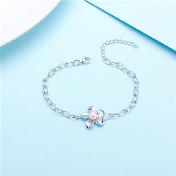 Sterling Silver Pearl Plumeria Bracelet