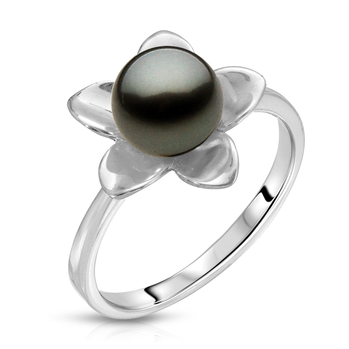 Sterling Silver Plumeria Design Pearl Ring