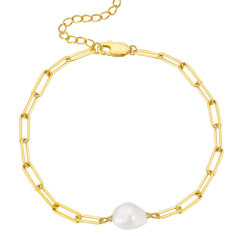 Modern Gold Chain Bracelet with Freshwater Pearl - 14K Gold Plated