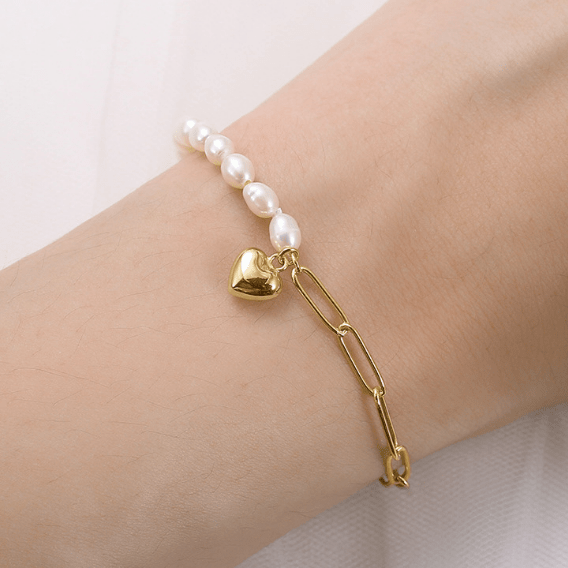 Freshwater Pearl and Gold Chain Bracelet - 14K Gold Plated with Heart Charm