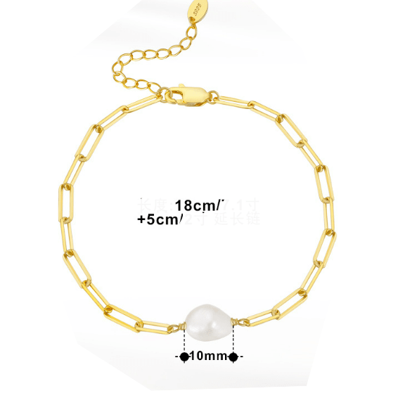 Modern Gold Chain Bracelet with Freshwater Pearl - 14K Gold Plated