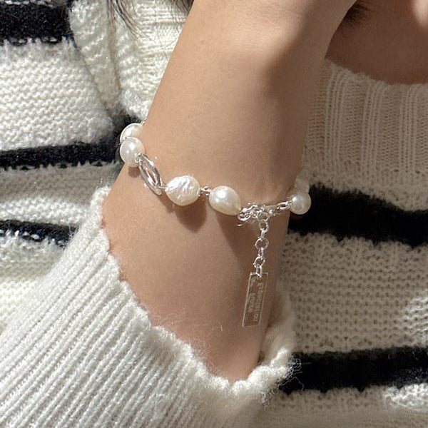 925 Sterling Silver Freshwater Pearl Geometric Vintage Link Bracelet