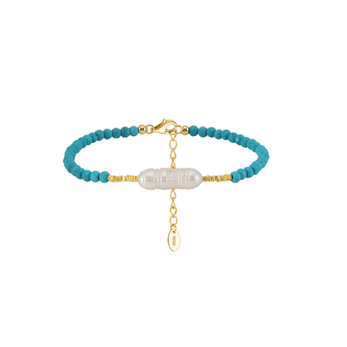 Turquoise Bead Bracelet with Freshwater Pearl - 14K Gold Plated