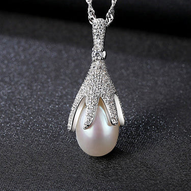 925 Sterling Silver Freshwater Pearl Drop Pendant with Cubic Zirconia Halo