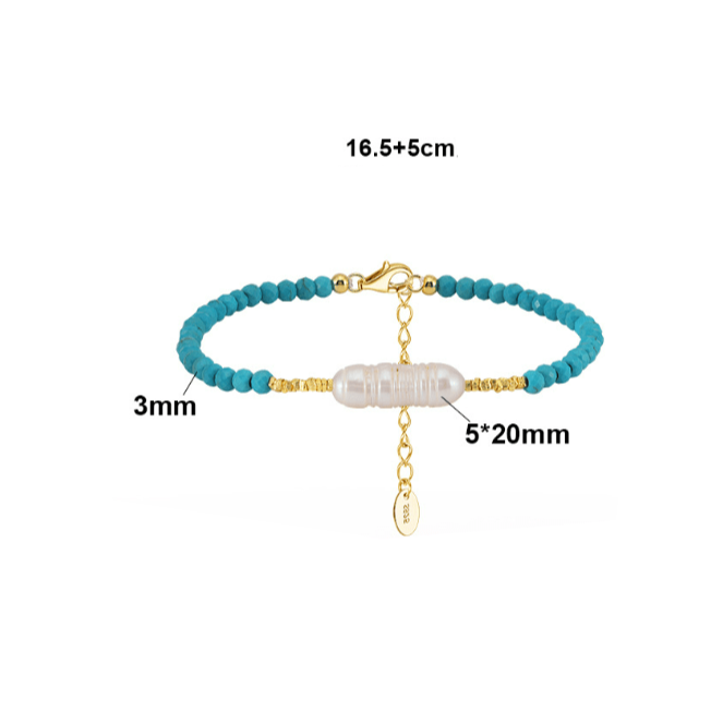 Turquoise Bead Bracelet with Freshwater Pearl - 14K Gold Plated