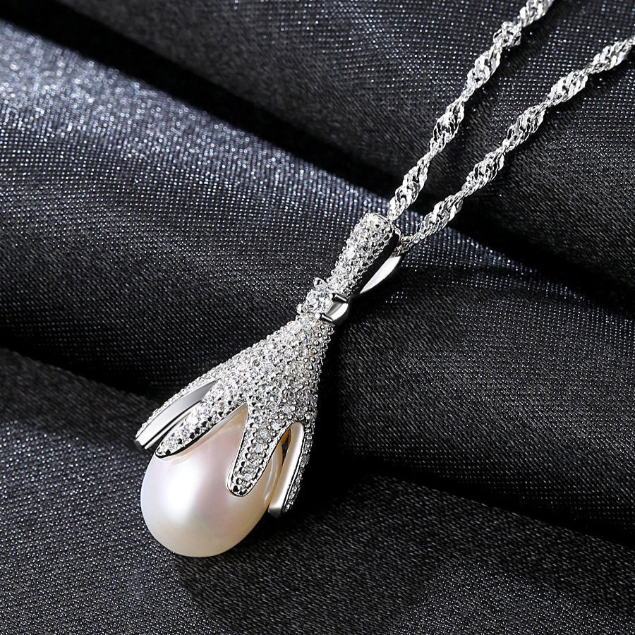 925 Sterling Silver Freshwater Pearl Drop Pendant with Cubic Zirconia Halo