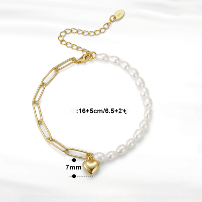 Freshwater Pearl and Gold Chain Bracelet - 14K Gold Plated with Heart Charm