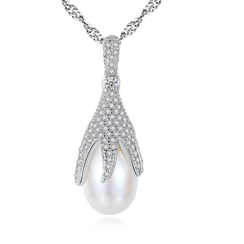 925 Sterling Silver Freshwater Pearl Drop Pendant with Cubic Zirconia Halo