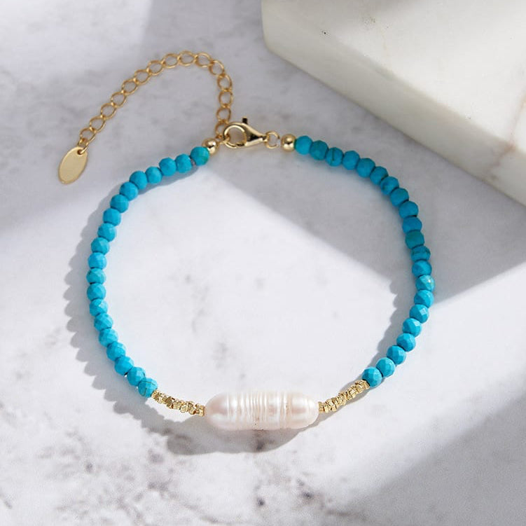 Turquoise Bead Bracelet with Freshwater Pearl - 14K Gold Plated