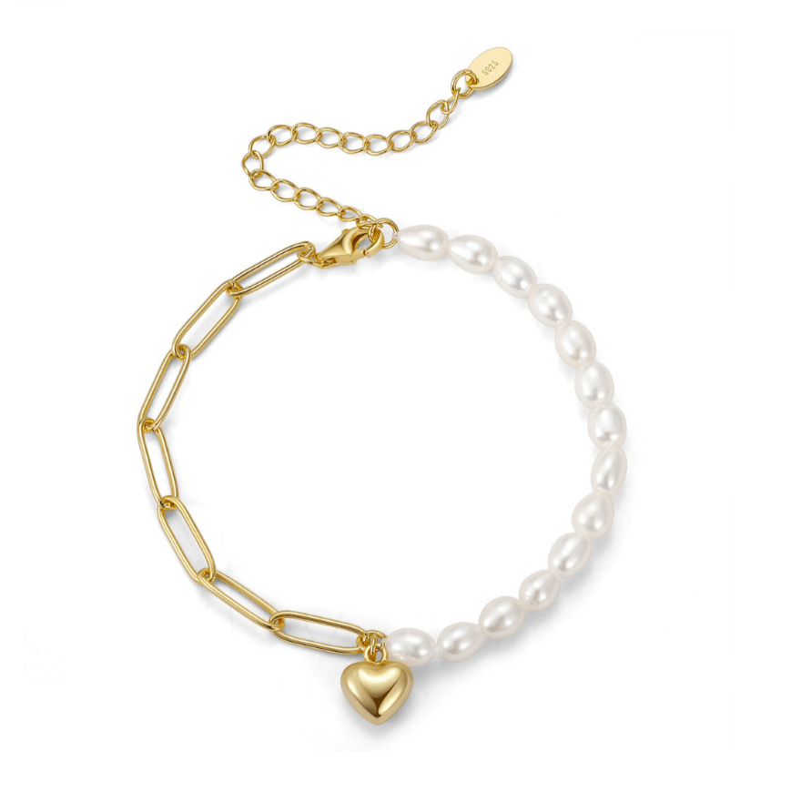 Freshwater Pearl and Gold Chain Bracelet - 14K Gold Plated with Heart Charm