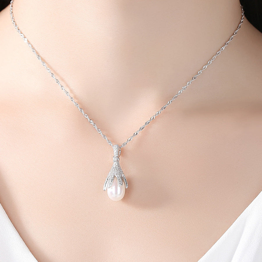 925 Sterling Silver Freshwater Pearl Drop Pendant with Cubic Zirconia Halo