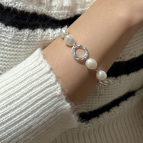 925 Sterling Silver Freshwater Pearl Geometric Vintage Link Bracelet