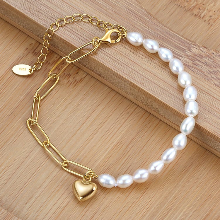 Freshwater Pearl and Gold Chain Bracelet - 14K Gold Plated with Heart Charm