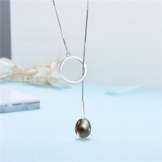 Sterling Silver Pearl Circle Lariat Necklace