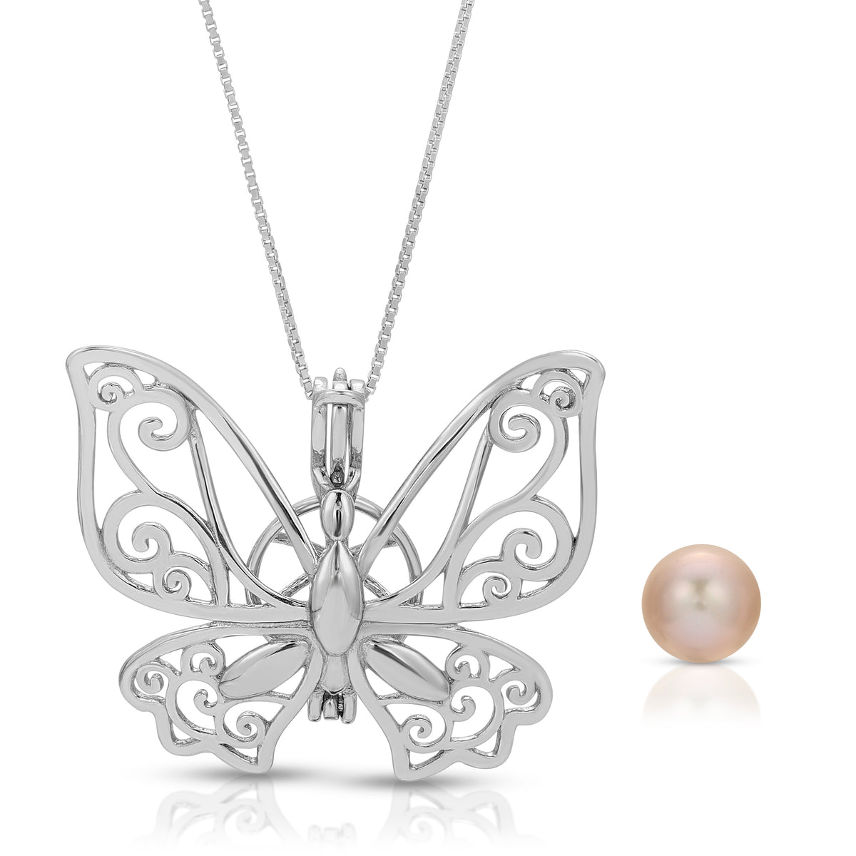 Sterling Silver Pearl Butterfly Cage Pendant Necklace