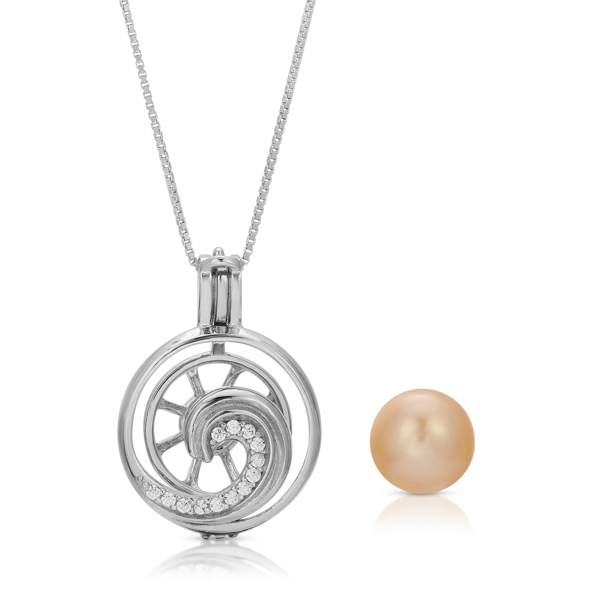 Sterling Silver Pearl Wave Cage Pendant Necklace - Wave Design Pearl Cage Pendant