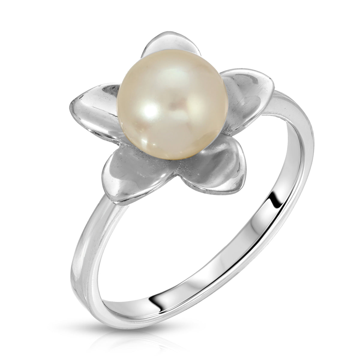 Sterling Silver Plumeria Design Pearl Ring